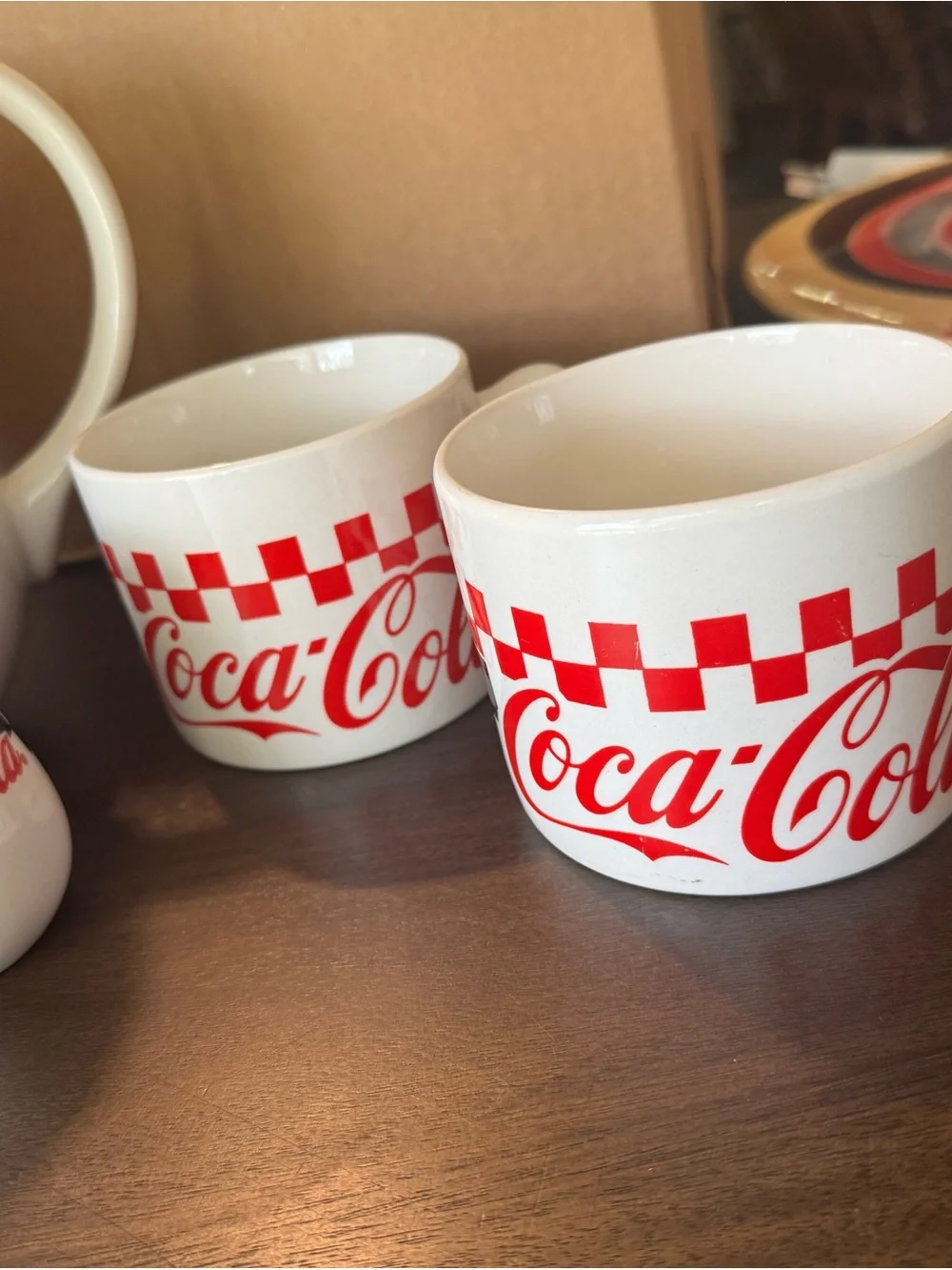 Coca Cola White Ceramic Pitcher and Mug Set with Red Checker Trim